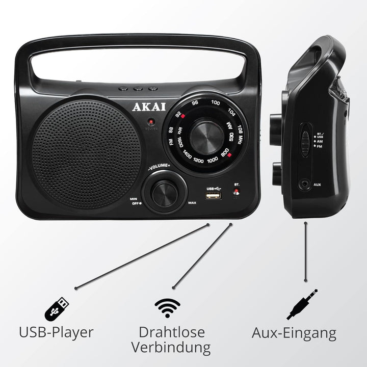 AKAI Tragbares AM/FM Radio mit Bluetooth, USB und AUX Klassisch, Robust und einfach in der Bedienung