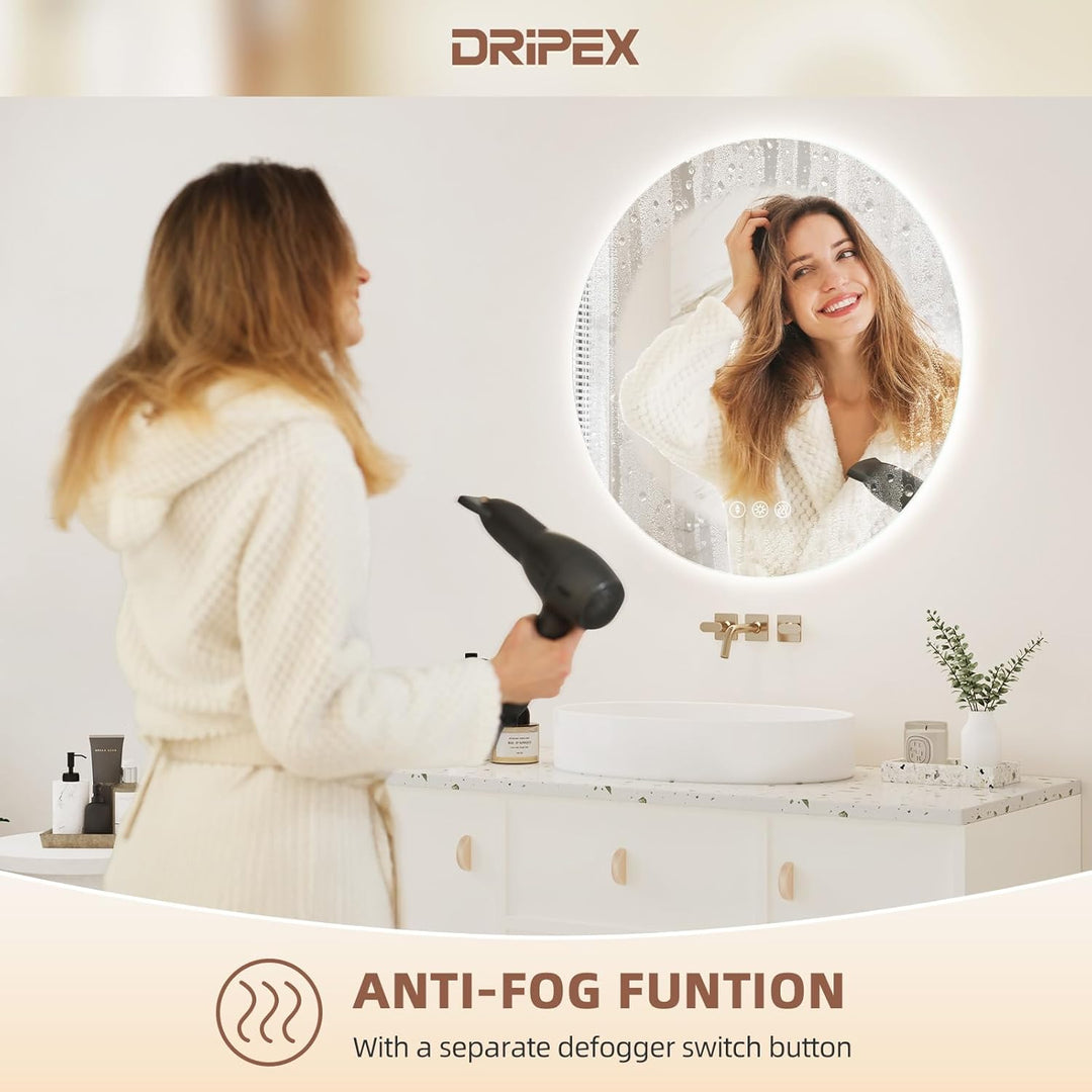 Dripex Badezimmerspiegel Led Badspiegel Rund, Touch-Schalter, Dimmbar, 3 Lichtfarbe Einstellbare Spi