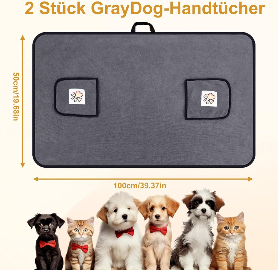 Hundehandtuch 2er Set, Hunde Handtuch Extra Saugfähig, Mikrofaser-Handtücher mit Griffaschen und Tas