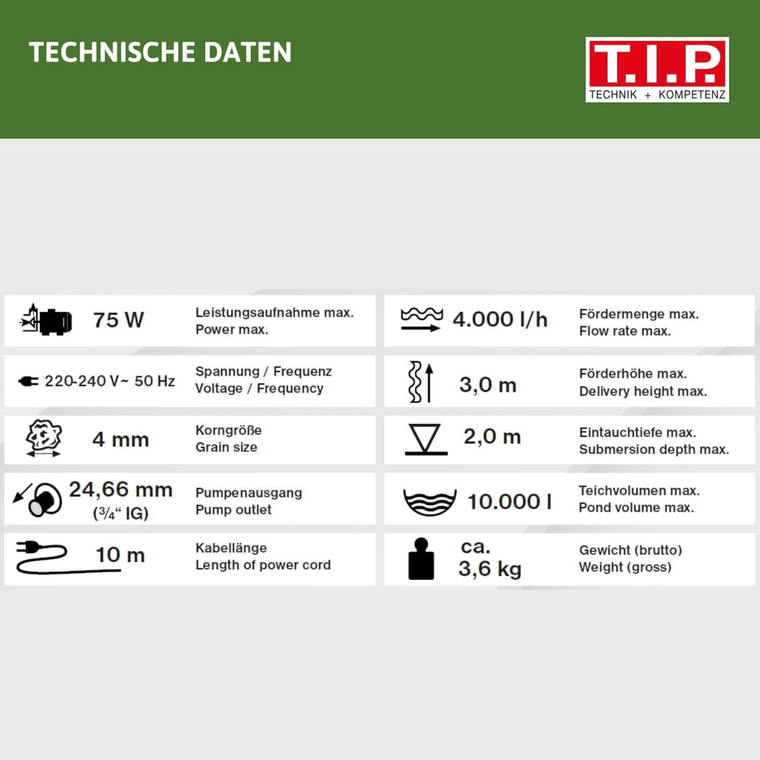 T.I.P. Teichpumpe - Wasserspielpumpe (10.000l Teichvolumen, 4.000l/h Fördermenge, 3,0m Förderhöhe, A