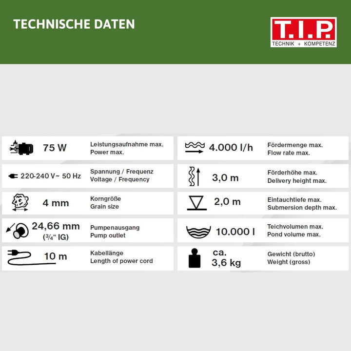 T.I.P. Teichpumpe - Wasserspielpumpe (10.000l Teichvolumen, 4.000l/h Fördermenge, 3,0m Förderhöhe, A
