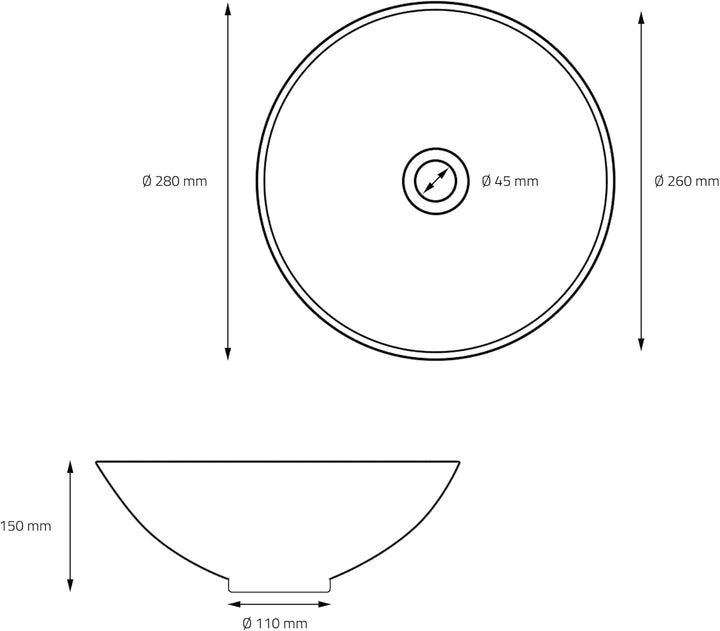 ML-Design Waschbecken aus Keramik in Schwarz matt Ø 280 x 150 mm mit Ablaufgarnitur, Runde Aufsatzwa