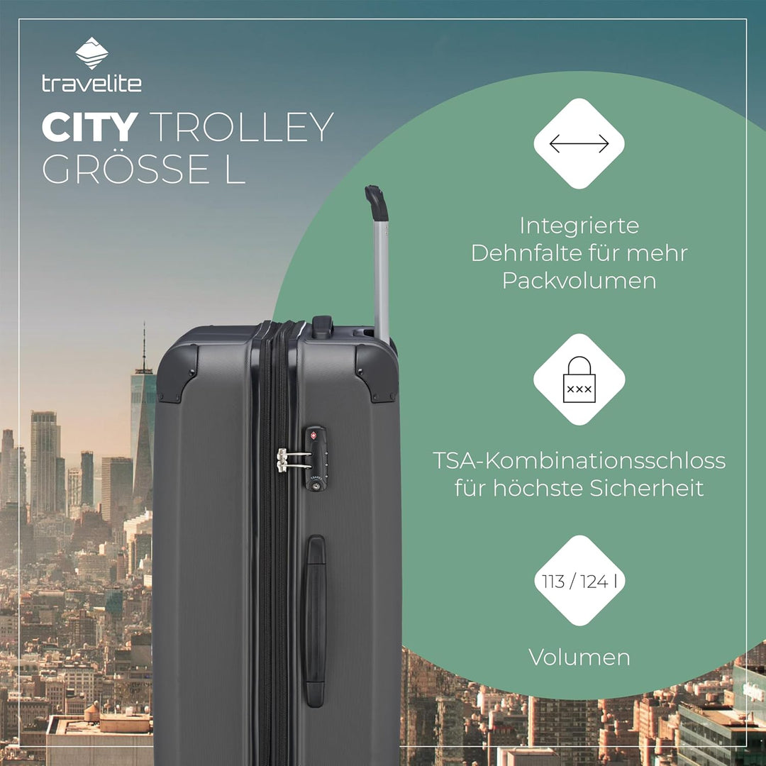 Travelite Hartschalenkoffer gross, erweiterbar, 4 Rollen, City, Trolley mit kratzfester Oberfläche,