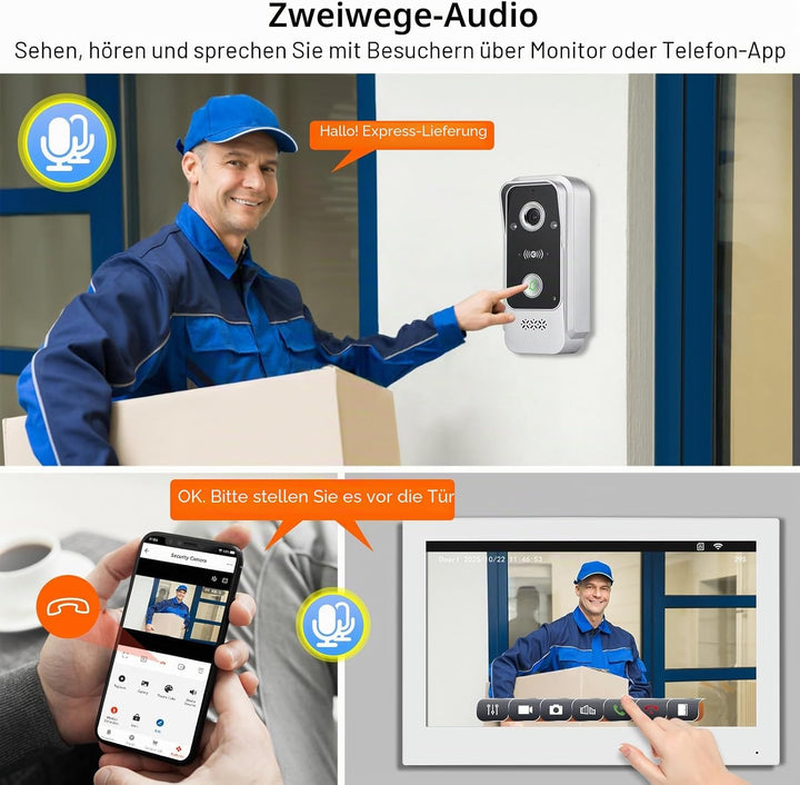 2 Draht WLAN 1080P HD Video-Türglocke-Kamera mit Monitor, Video-Türtelefon Intercom-System, 10 Zoll