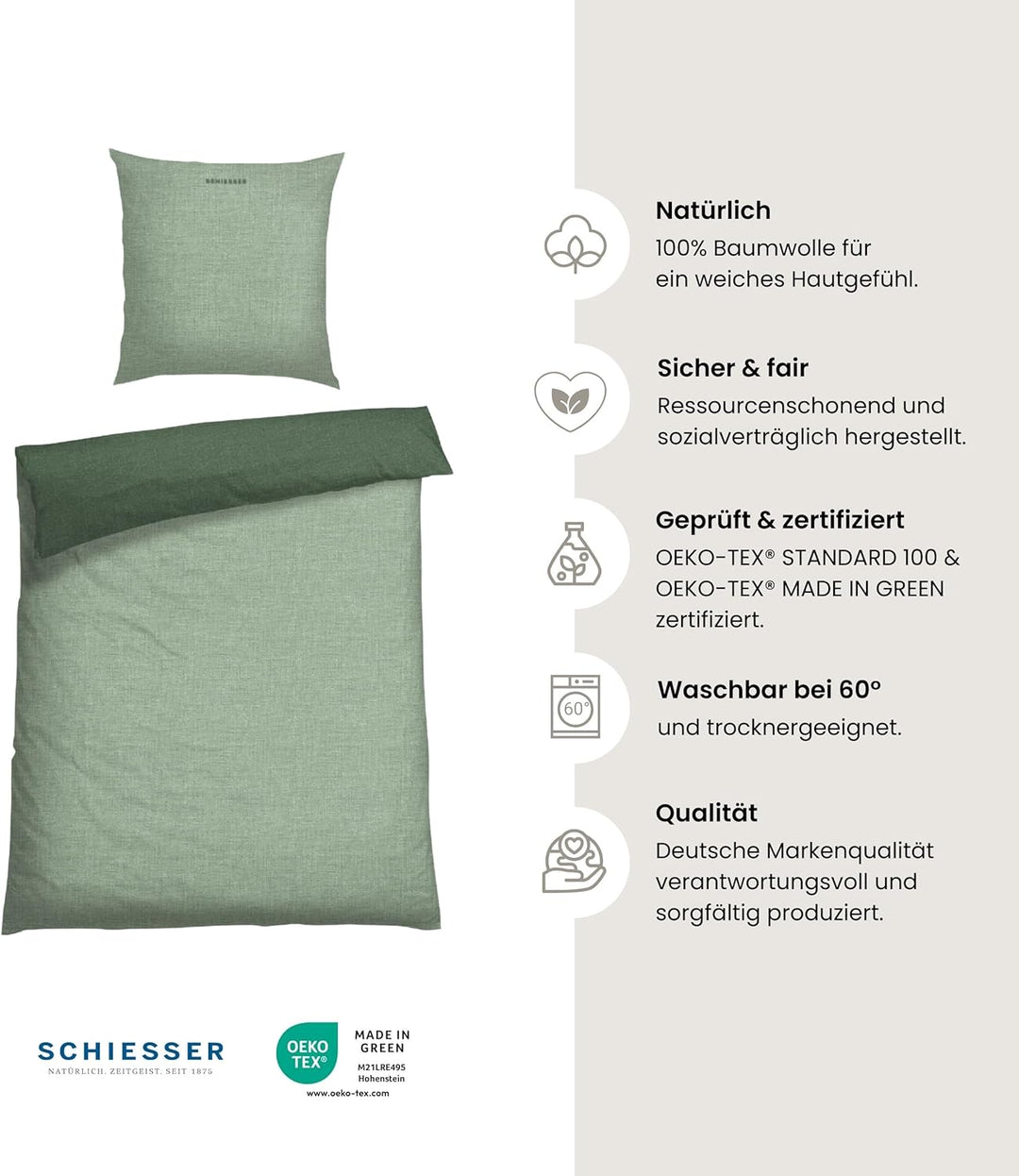 Schiesser Wende-Bettwäscheset Doubleface in angenehm glatter Renforcé Qualität, Made IN Green, Farbe