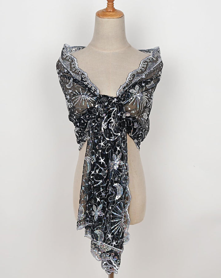 keland Damen Festlich Pailletten Umhang Schal Schultertuch Stola Tuch für Abendkleid A-schwarz & Wei