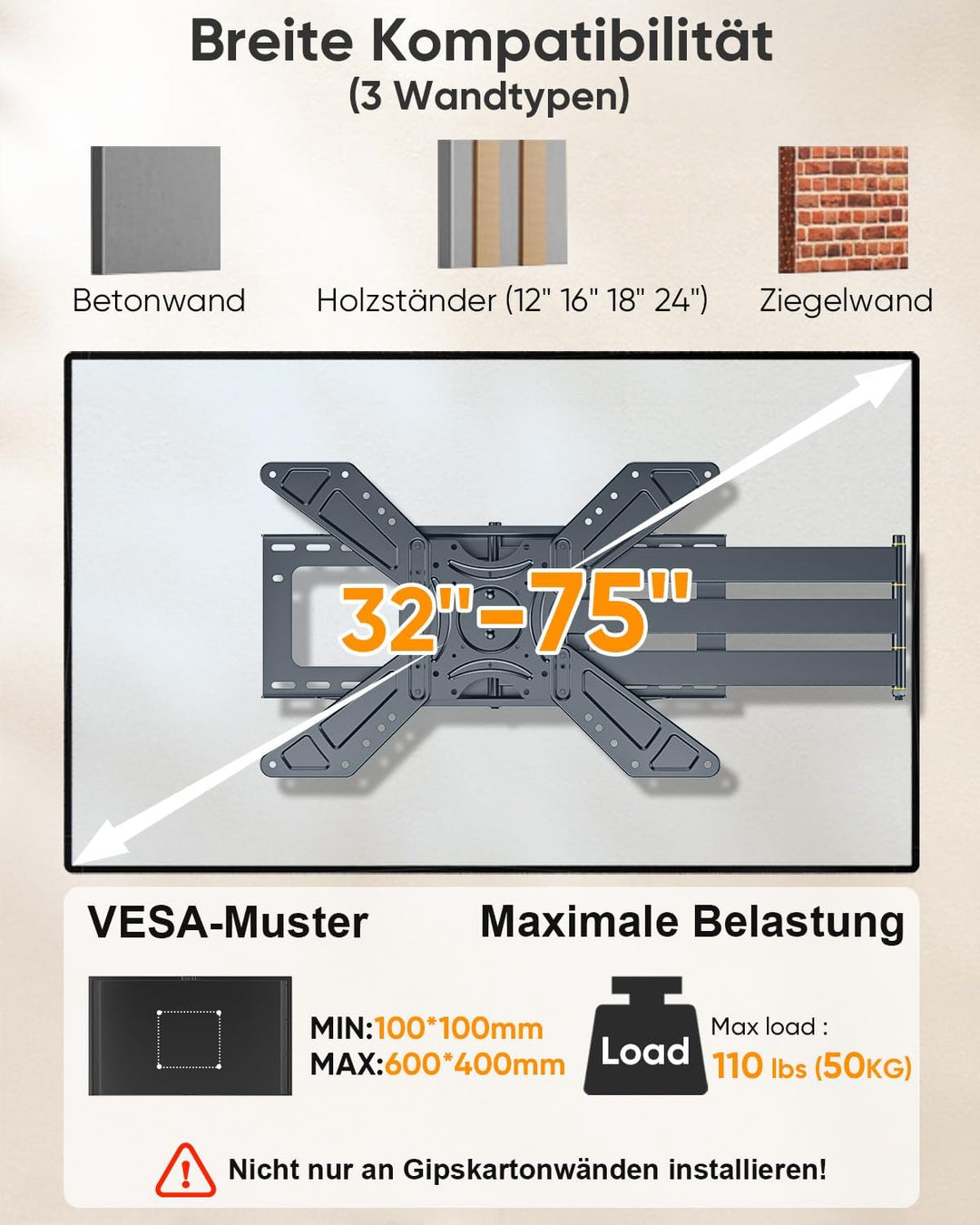 FORGING MOUNT TV Wandhalterung mit 1220mm Langem Arm, Schwenkbare Neigbare TV Halterung für 26-75 Zo