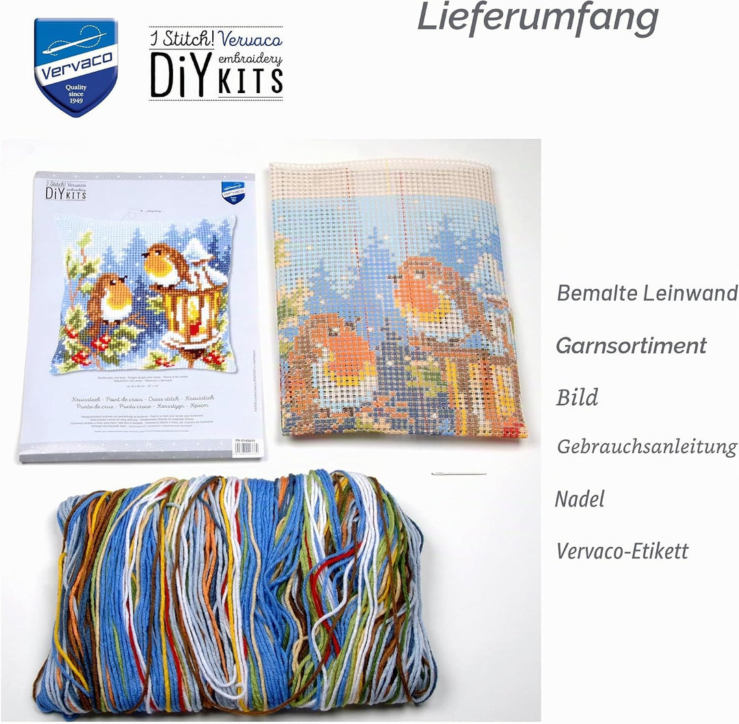 Vervaco Rotkehlchen mit Lampe Kreuzstichkissen/Stickkissen inklusive Material, Baumwolle, Mehrfarbig