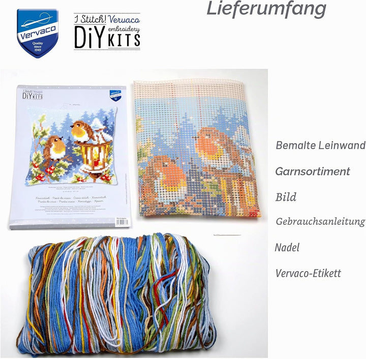 Vervaco Rotkehlchen mit Lampe Kreuzstichkissen/Stickkissen inklusive Material, Baumwolle, Mehrfarbig
