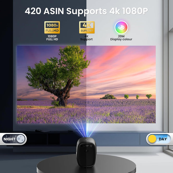 Smart Mini Beamer,1080p mit Beamer 4K, automatische trapezförmige Kompensation, mit WiFi 6 und Bluet