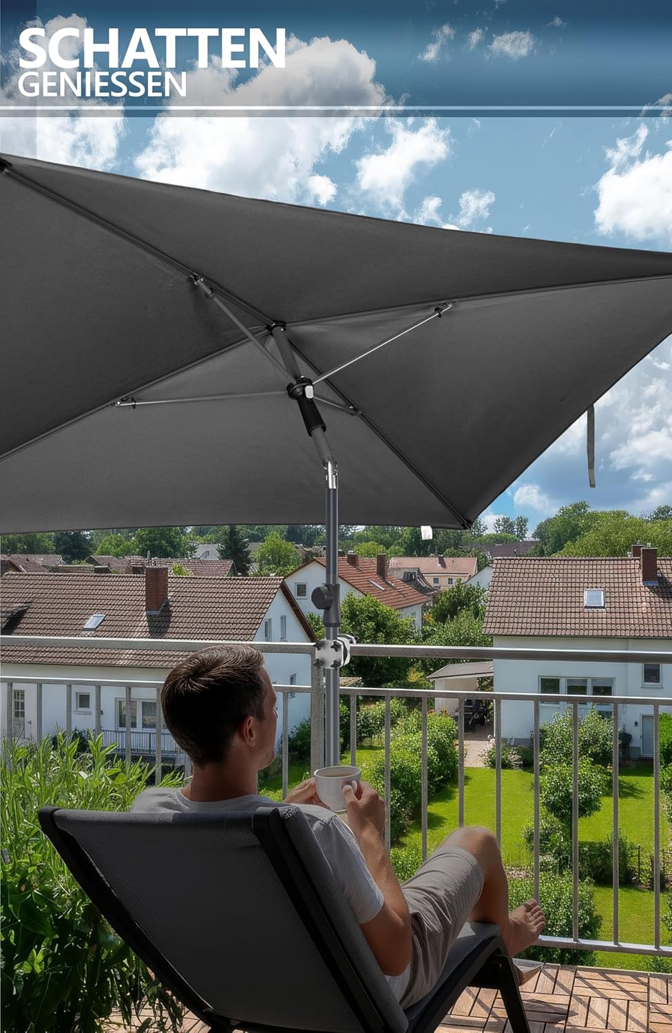 4smile Sonnenschirm Balkon SunnyShade 3-in-1 SET in Anthrazit - UPF 50+ Sonnenschirm rechteckig 200