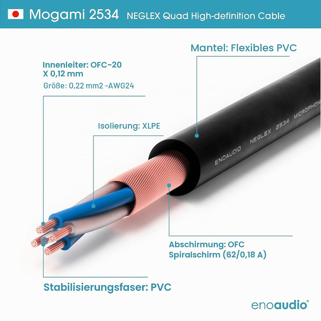 enoaudio Mogami 2534 Quad Professionel Studio Kabel | Neutrik Gold Cinch RCA | HiFi, Black, 0,5 m Bl