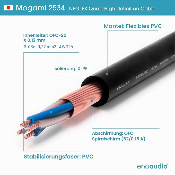 enoaudio Mogami 2534 Quad Professionel Studio Kabel | Neutrik Gold Cinch RCA | HiFi, Black, 0,5 m Bl