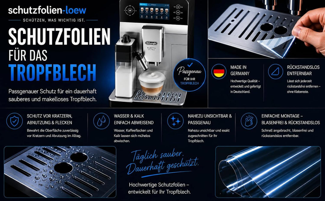 5 x Schutzfolie tranparent, Kratzschutz passend für DeLonghi Eletta Ultra ECAM 472.85 Abtropfblech,