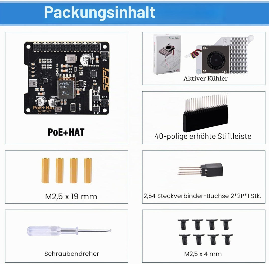 GeeekPi P30 PoE+ HAT für Raspberry Pi 5/4B/3B+, mit offiziellem aktiven Kühler für Raspberry Pi 5 2G