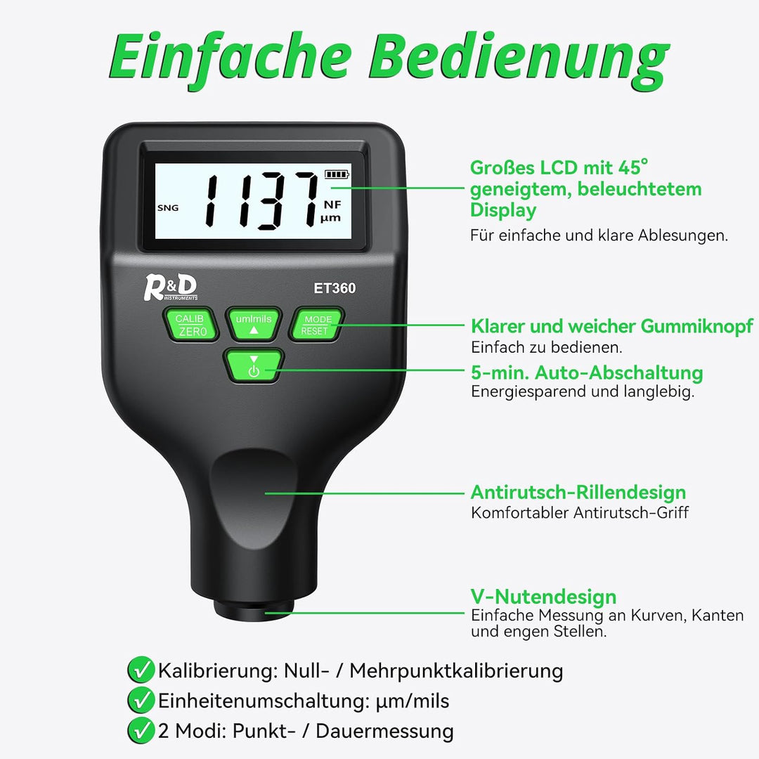 RDINSCOS Lackmessgerät 0-1500um Display Dickenmesser Schichtdickenmessgerät