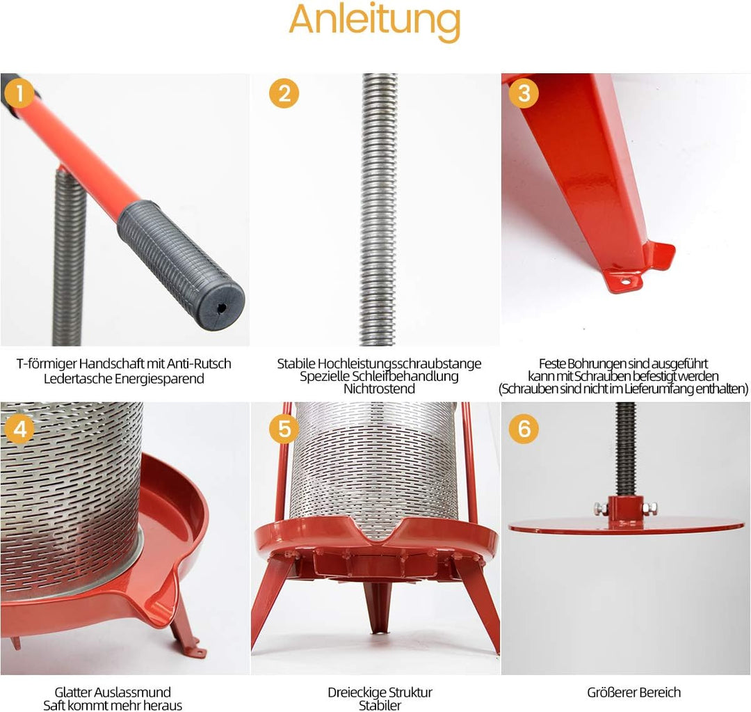 Spindel Obstpresse Apfelpresse Fruchtpresse 14 L aus Edelstahl mit T-Griff für Selbst Gemachten Natü