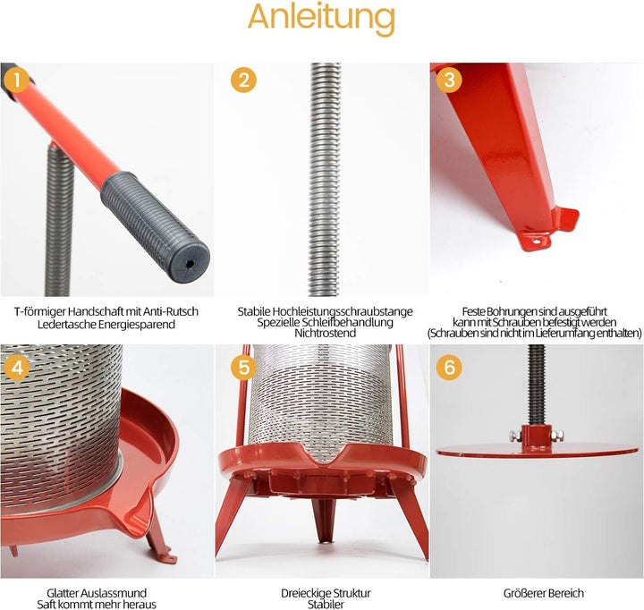 Spindel Obstpresse Apfelpresse Fruchtpresse 14 L aus Edelstahl mit T-Griff für Selbst Gemachten Natü