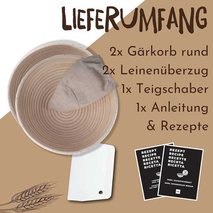riijk Gärkorb 2er Set + Teigschaber, 2 Gärkörbe für Brot und Brotteig - Peddigrohr (rund, 22 und 25