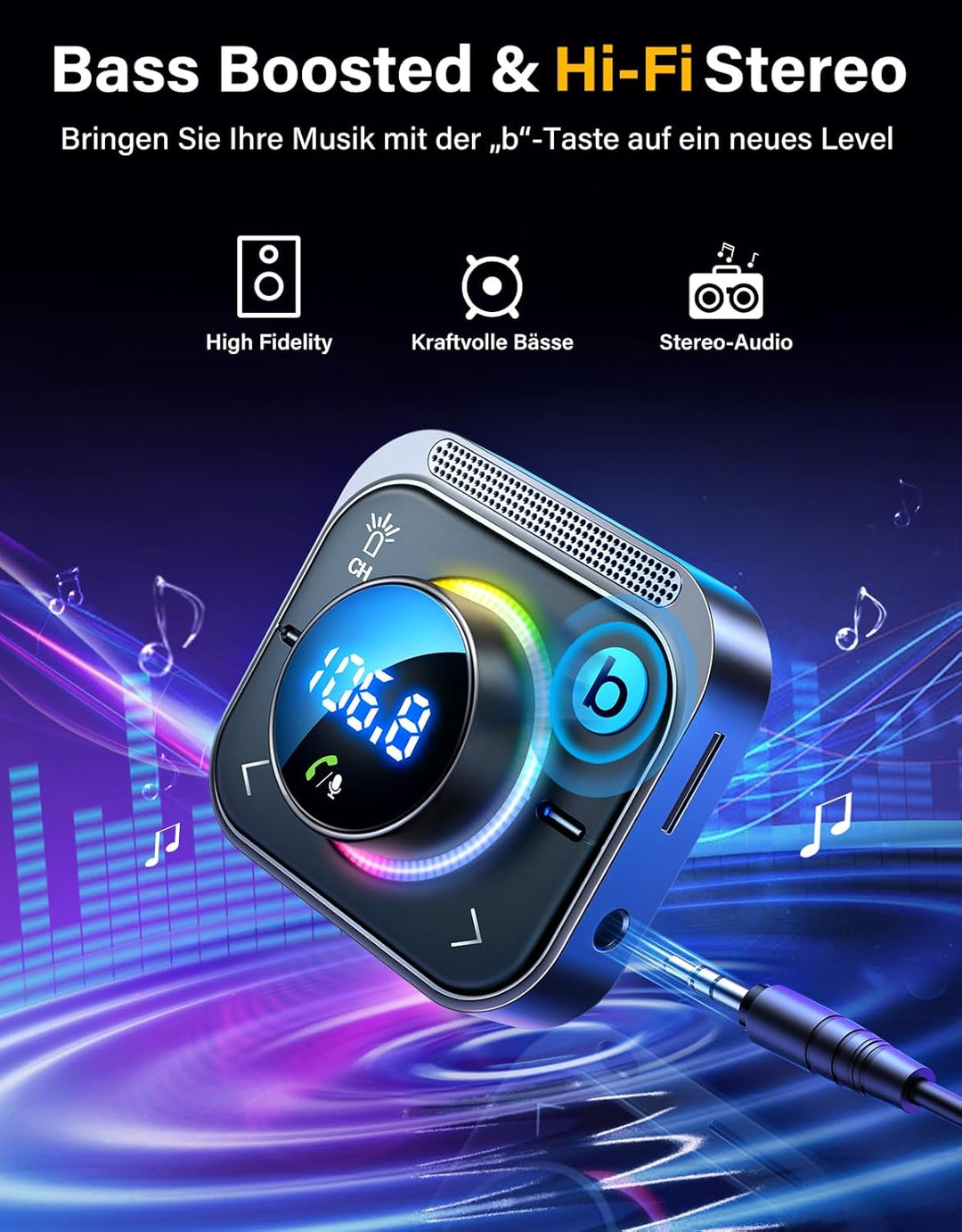 JOYROOM Bluetooth 5.3 Adapter Auto,【Bass Boosted & Hi-Fi Stereo】Musik FM Transmitter ,【30W PD & Dual