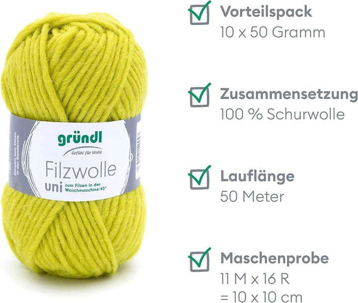 Gründl Filzwolle uni (Wolle zum Filzen, Stricken und Häkeln, Garn aus 100 % Schurwolle, 50 g / 50 m,