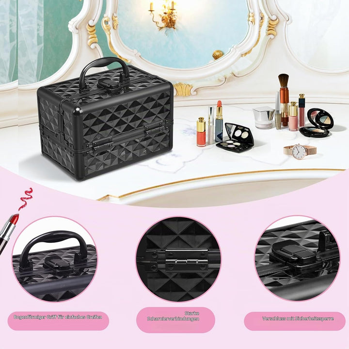 HOMASIS Kosmetikkoffer mit Spiegel, Mini Schminkkoffer mit 3 Ebenen, tragbarer Beauty Case mit Griff
