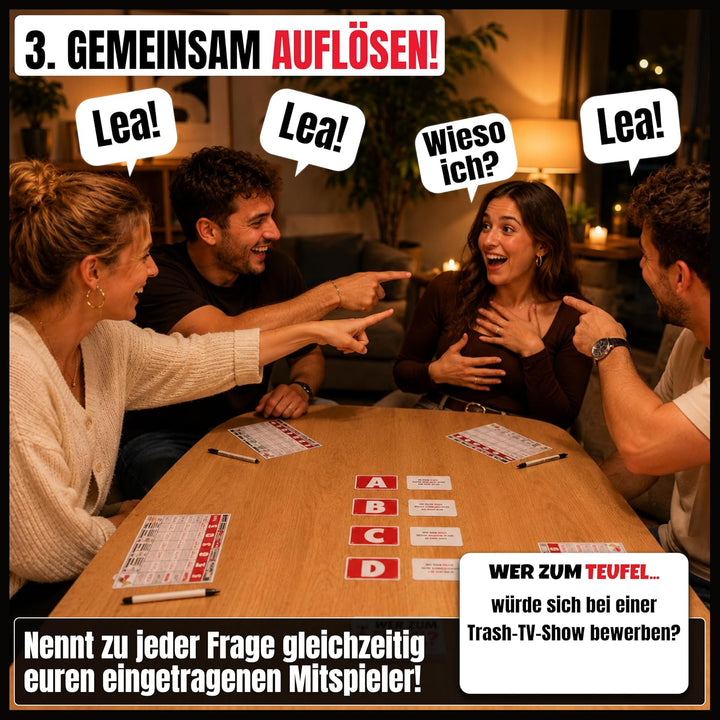 Wer zum Teufel – Kooperatives Partyspiel | Wer würde eher als Teamspiel | 3-6 Spieler ab 16 Jahren |