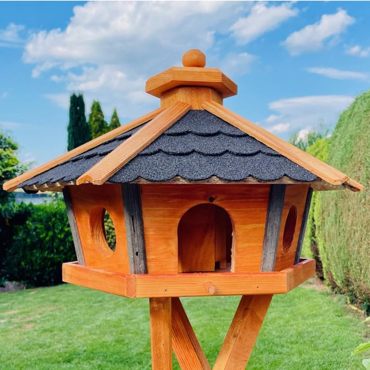 Vogel Futter Haus L oder XL Sechseck Holz Vogelhaus Futterstelle Braun/Blau, Rot, Schwarz und Grün (