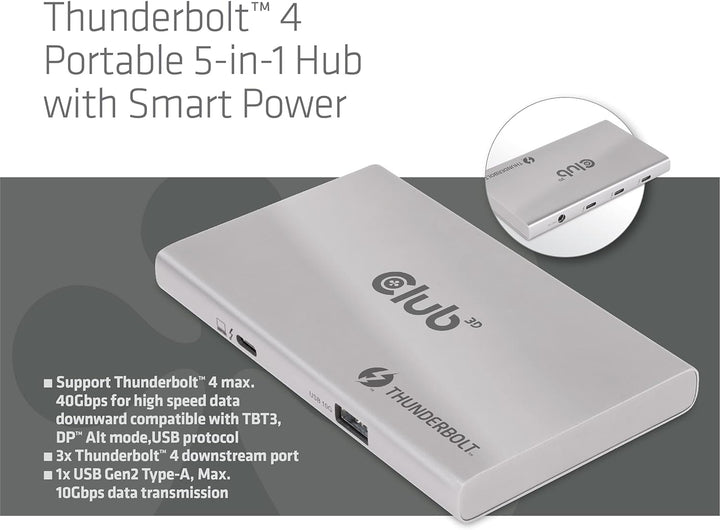 Club 3D CSV-1580 Certified Thunderbolt 4 Portable 5-in-1 Hub with Smart Power, CSV-1580