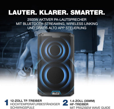 Alto Professional TS412–2500W 12" Aktiver PA-Lautsprecher mit 3- Kanal Mixer, Bluetooth-Streaming, d