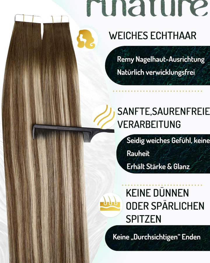 RUNATURE Ombre Tape in Extensions Echthaar Braun Blond Unsichtbare Haarverlängerung Remy Tape Extens