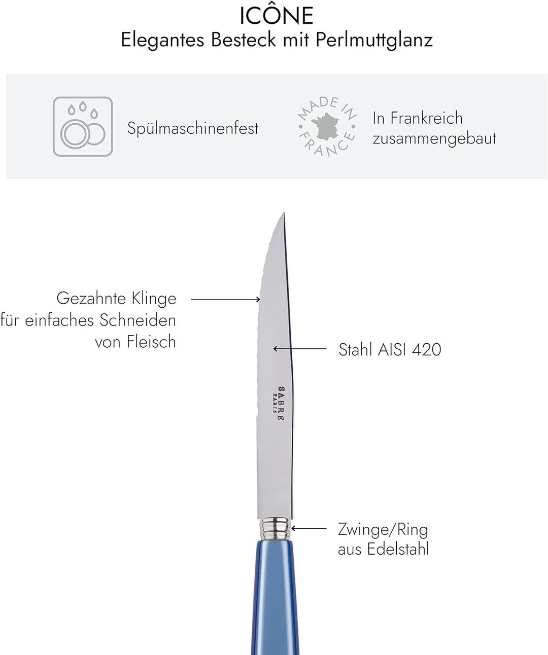 SABRE PARIS - 6er Set Steakmesser Mit Wellenschliff - Icon - Fleischmesser - Edelstahl & Acryl - Spü