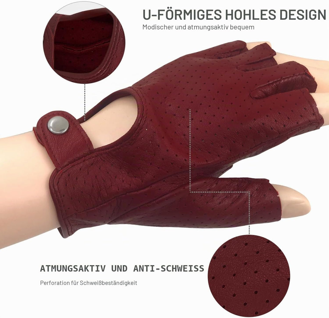 ZLUXURQ Damen-Lederhandschuhe Vollmaschige Fingerlose Halbfinger-Fahrhandschuhe X-Large-8" Rot, X-La
