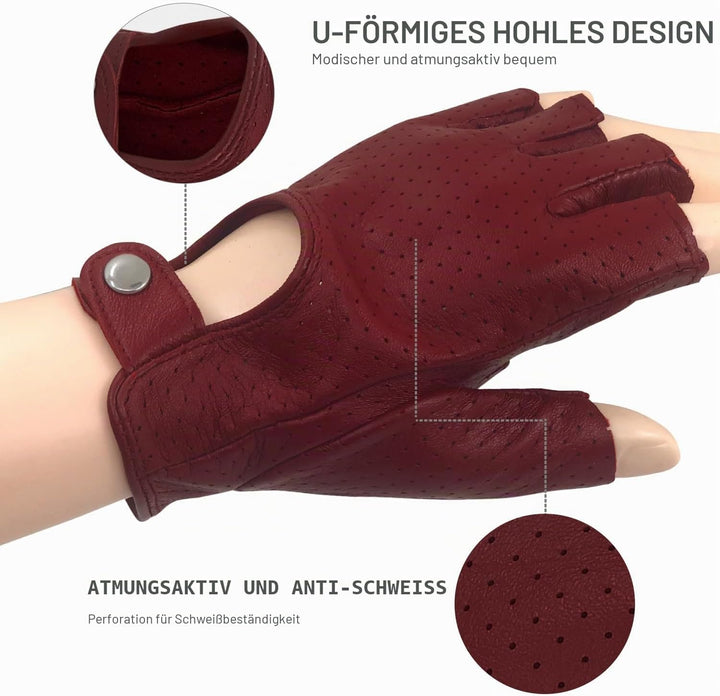ZLUXURQ Damen-Lederhandschuhe Vollmaschige Fingerlose Halbfinger-Fahrhandschuhe X-Large-8" Rot, X-La
