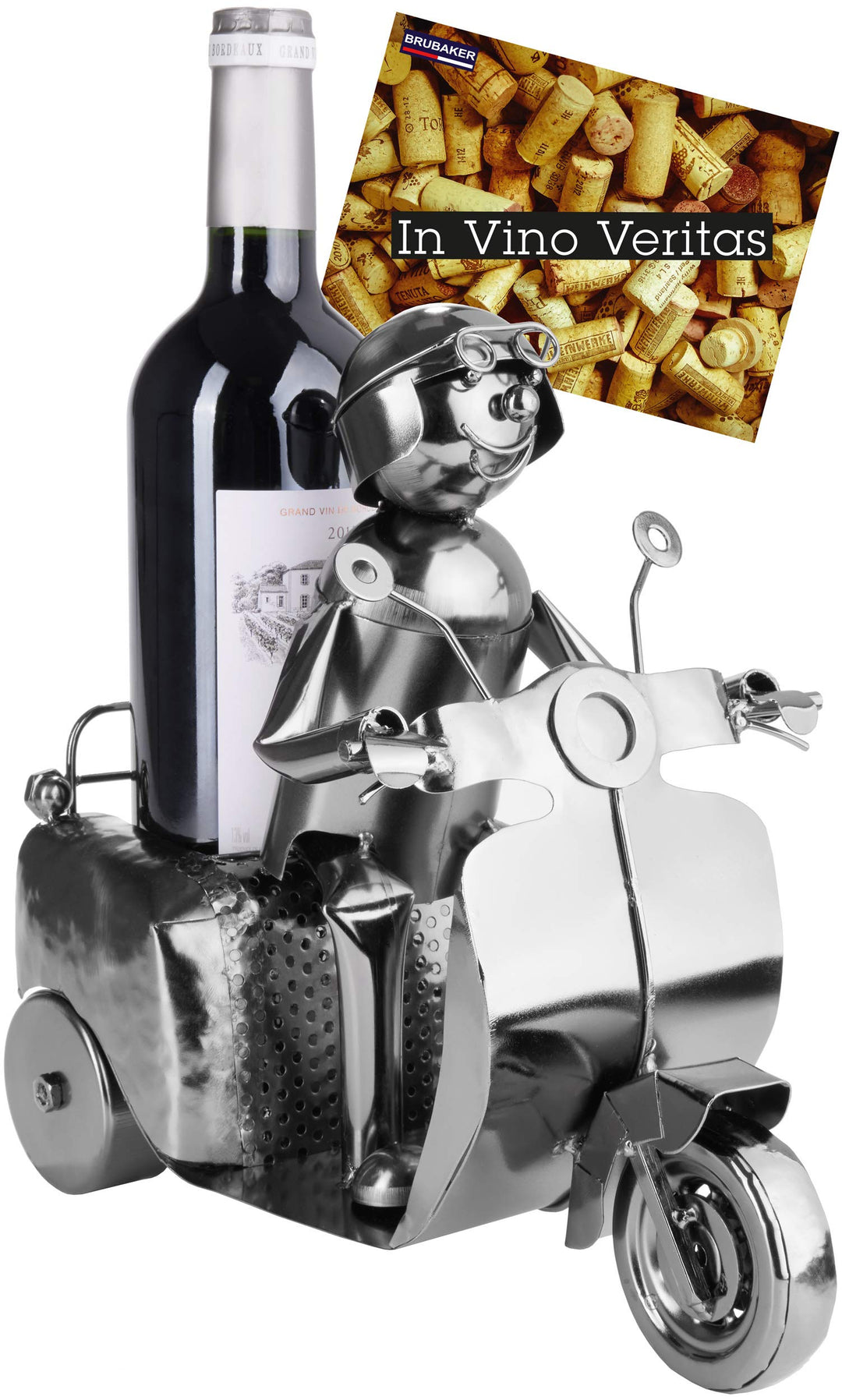 BRUBAKER Weinflaschenhalter Rollerfahrer Silber - Metall Skulptur Flaschenständer - 27 cm Metallfigu