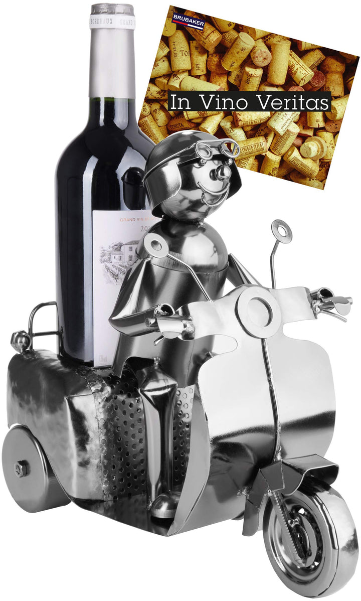BRUBAKER Weinflaschenhalter Rollerfahrer Silber - Metall Skulptur Flaschenständer - 27 cm Metallfigu