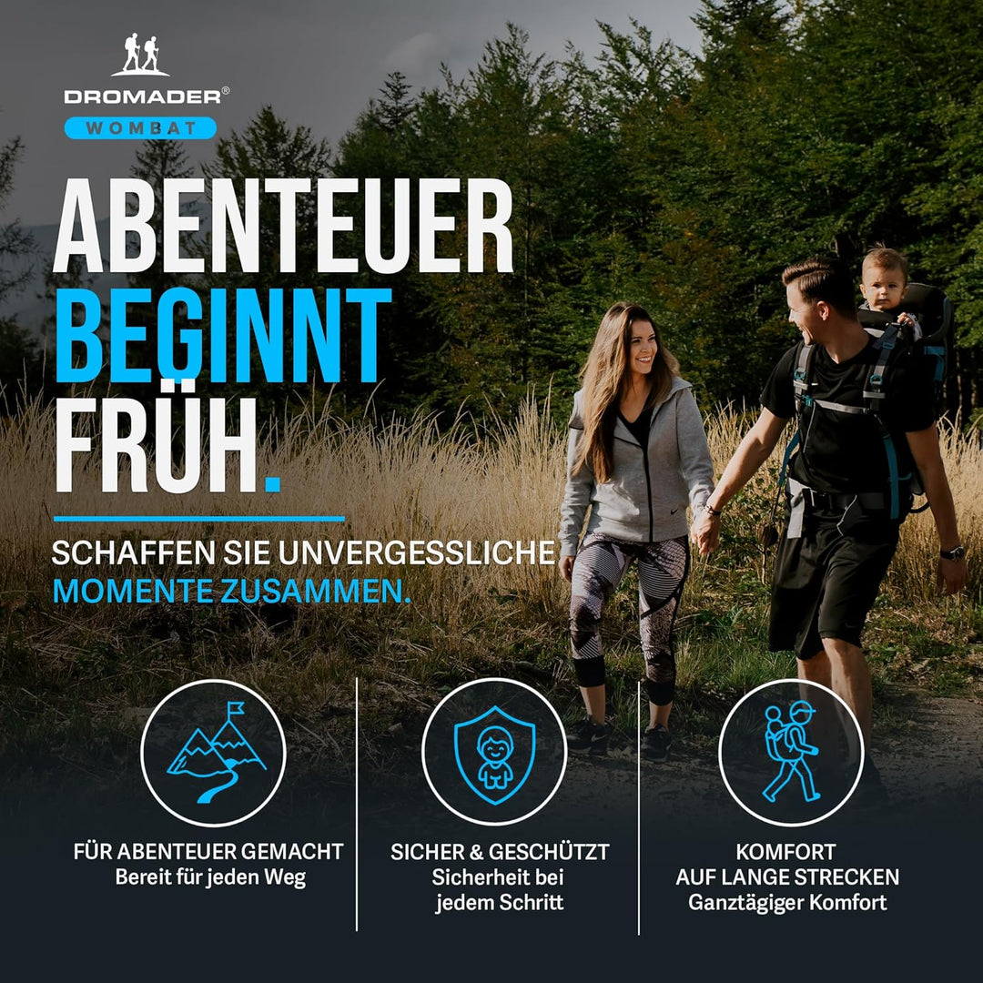 DROMADER Babytrage | Schwarz und Blau | Kinder bis 22kg | Bequem für Eltern | | mit Seitenspiegel |