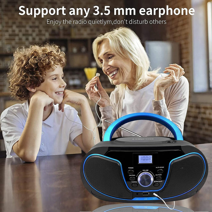 Tragbar CD Player Boombox Bluetooth - mit UKW Radio, USB Eingang & AUX & Kopfhörern Ports, 2 x 2 Wat
