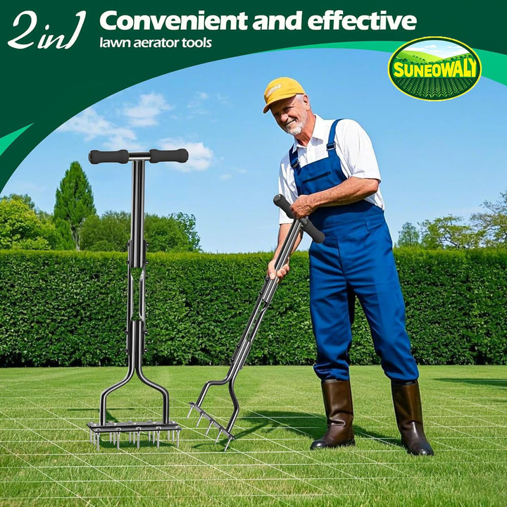SUNEOWALY Rasenlüfter, Aerifizierer für Rasen, 2-in-1 Rasenbelüfter Rasenspecht für Verdichtete Böde