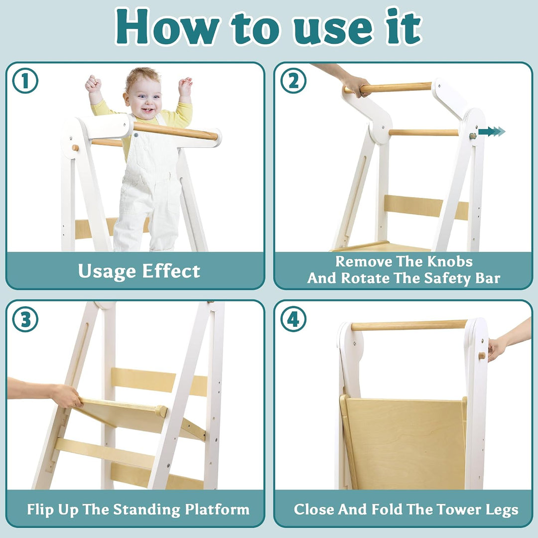 Lernturm Klappbar ab 1 Jahr, 3-stufig Höhenverstellbar Holz Kinder lernturm | Montessori Tritthocker