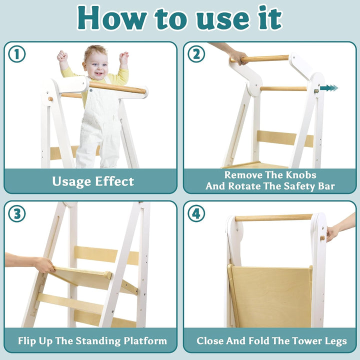 Lernturm Klappbar ab 1 Jahr, 3-stufig Höhenverstellbar Holz Kinder lernturm | Montessori Tritthocker