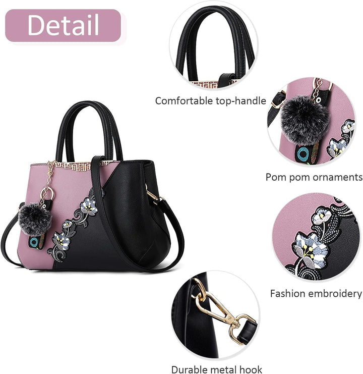 DIRRONA Handtasche Damen Gross – Umhängetasche & Tote Bag mit Blumenstickerei und Pom-Pom-Dekoration