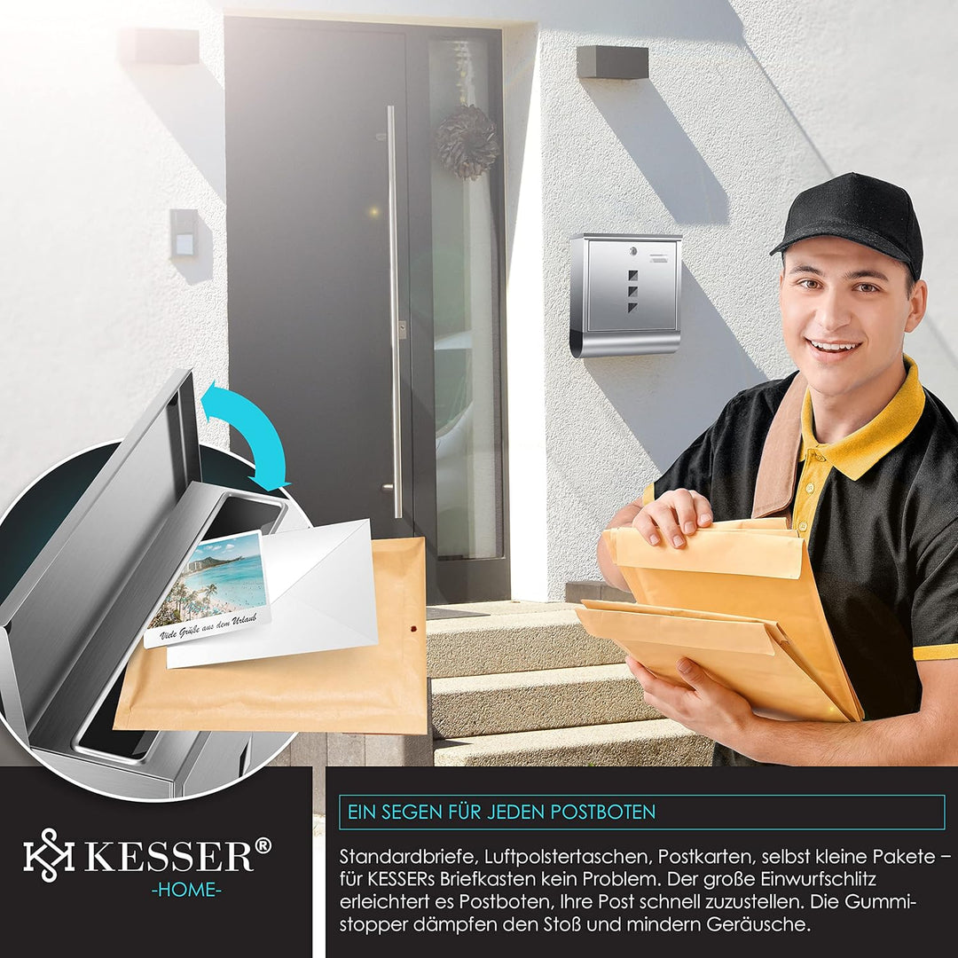KESSER® Briefkasten Edelstahl mit Zeitungsfach Namensschild, Sichtfenster, gebürstet, 3X Schlüssel a