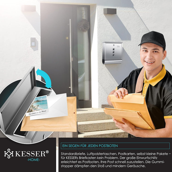 KESSER® Briefkasten Edelstahl mit Zeitungsfach Namensschild, Sichtfenster, gebürstet, 3X Schlüssel a
