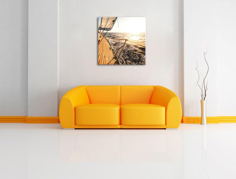 Segelboot im Meer, Format: 70x70 auf Leinwand, XXL riesige Bilder fertig gerahmt mit Keilrahmen, Kun