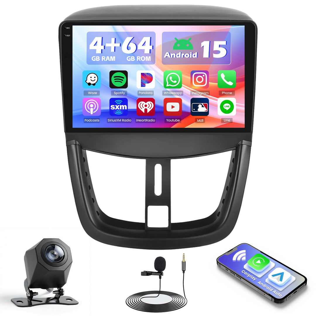 Hikity 4+64G Android 15 Autoradio für Peugeot 207 2006-2015, 9" Bildschirm Radio mit Wireless CarPla