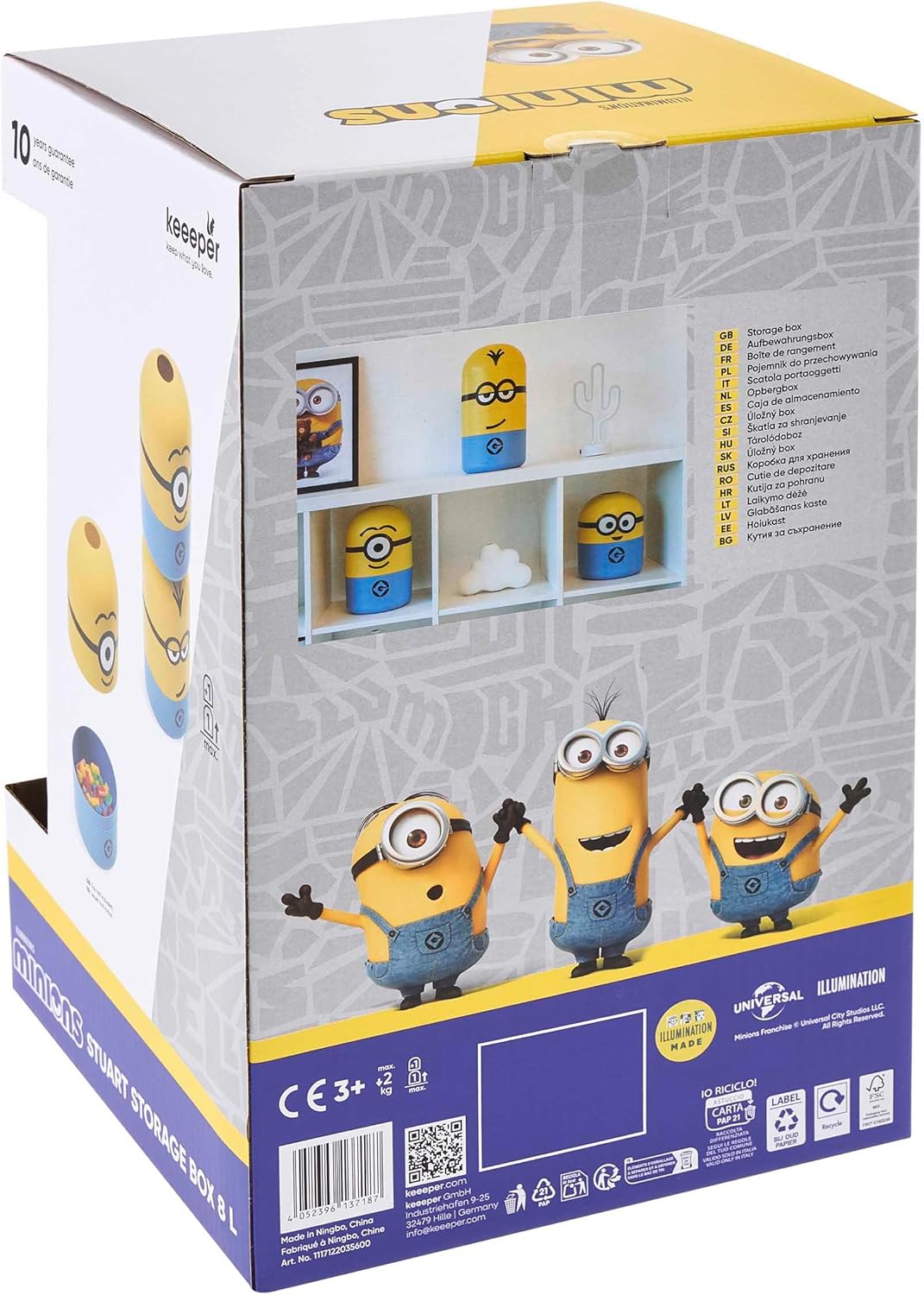 keeeper minions Aufbewahrungsbehälter Stuart, 20 x 20 x 31 cm, 8 l, Stapelbar und leicht zu öffnen,