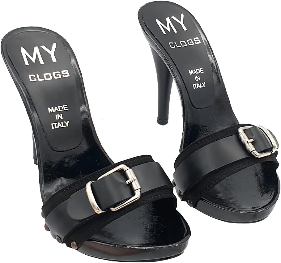 Kiara Shoes Schwarze Clogs mit Riemen und Absatz 12 cm - MY7544 Nero 35 EU Schwarz, 35 EU Schwarz