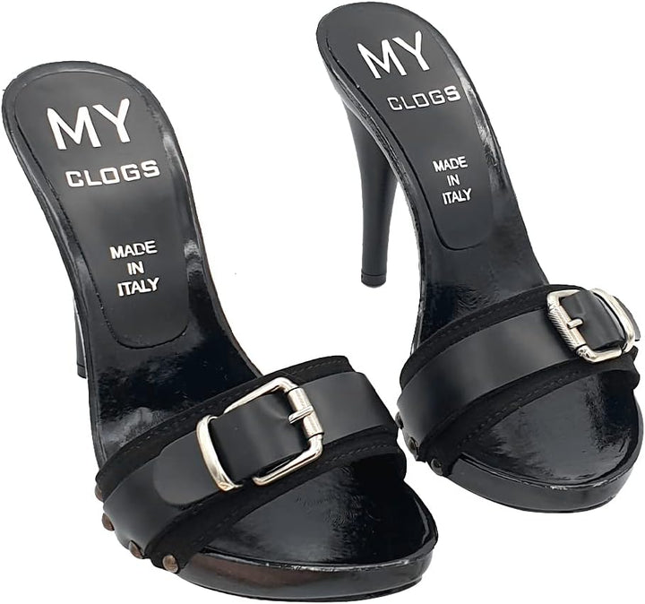 Kiara Shoes Schwarze Clogs mit Riemen und Absatz 12 cm - MY7544 Nero 35 EU Schwarz, 35 EU Schwarz
