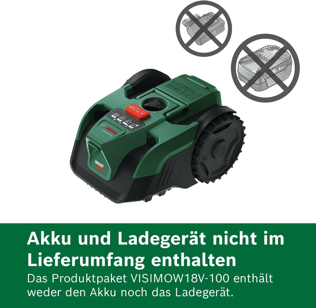 Bosch Akku-Mähroboter VISIMOW18V-100 (für Rasenflächen bis 100 m², Schnittbreite: 16 cm, Schnitthöhe